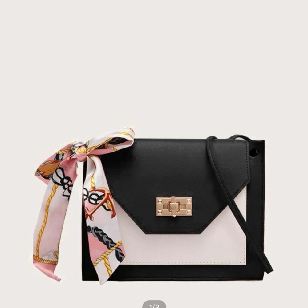 Black and white bag with pink paisley handkerchief detail